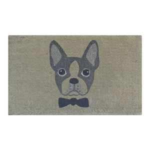 Natural coir doormat with a soft grey French bulldog wearing a bow tie